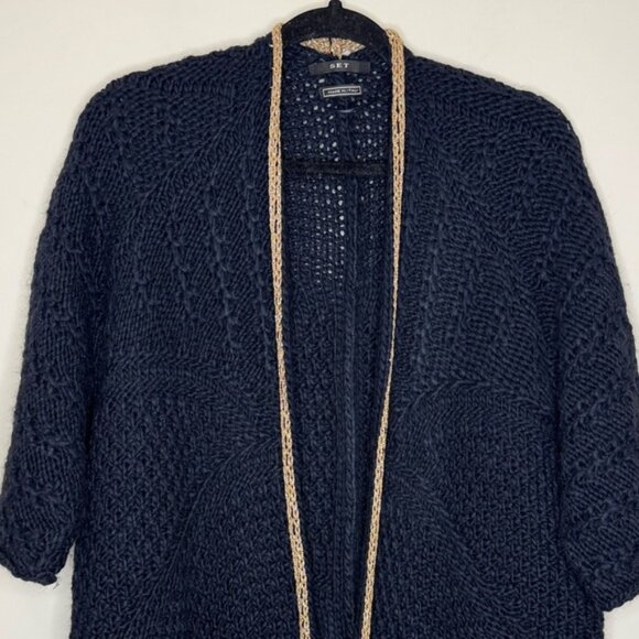 Women's Navy Open-Front Sweater with Gold Metallic Detailing Size 8 - Picture 4 of 5